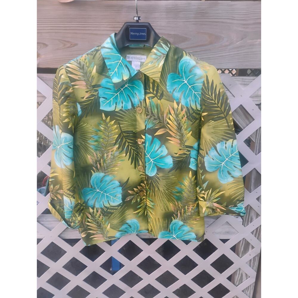 Women’s Tropical 100% Silk Blouse Floral Leaf Print Button Front Plus Size 10